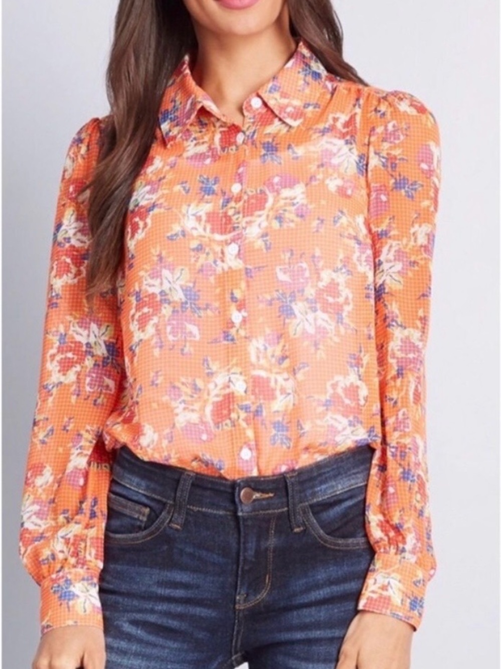 ModCloth Floral Button Front Blouse Orange Puff Sleeve Cottagecore Boho
Medium